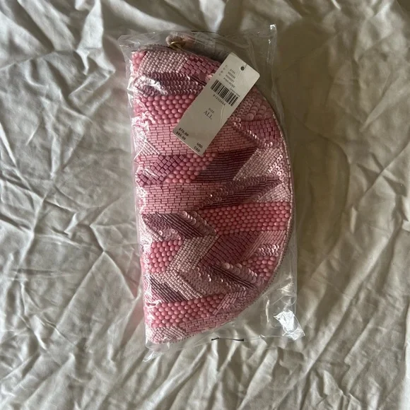 Anthropologie Pink Beaded half moon Clutch NWT - Picture 1 of 2